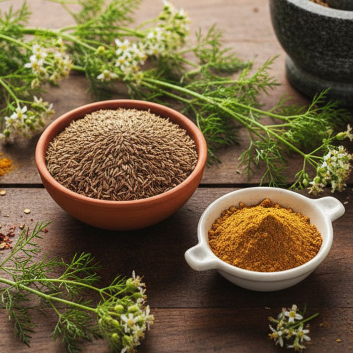 Cumin seeds and spices arranged with herbs and lime