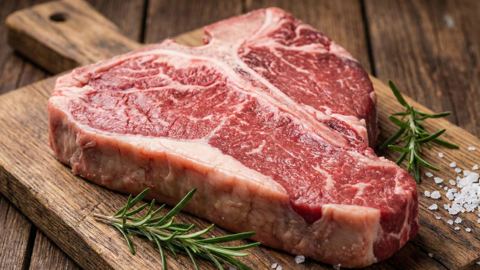 Raw T-bone steak on wooden board with rosemary and sea salt
