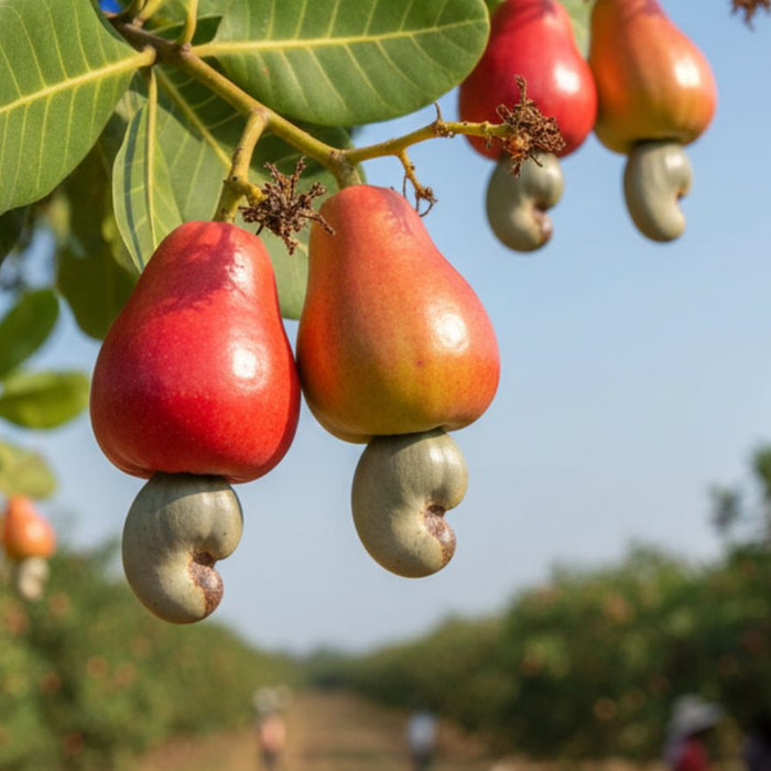 Ripe red cashew apples with attached nuts growing on tree branch