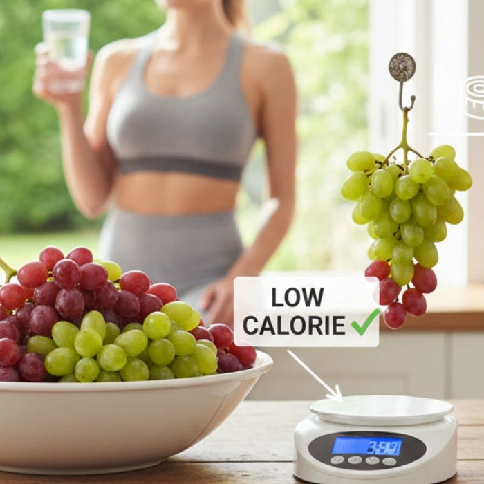 Bowl of grapes on scale labeled low calorie in bright kitchen