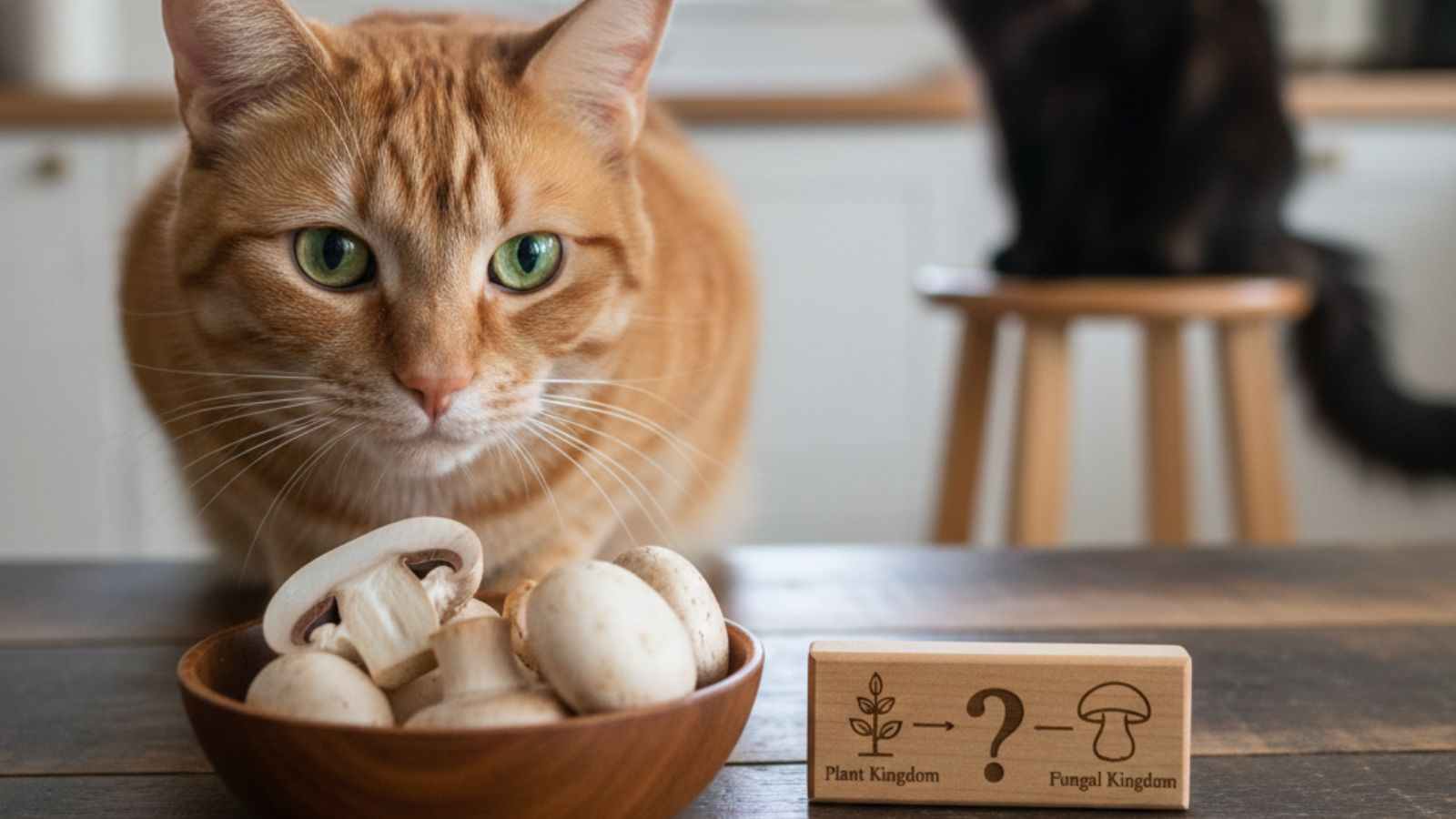 Orange tabby watches bowl of mushrooms beside plant vs fungal sign 