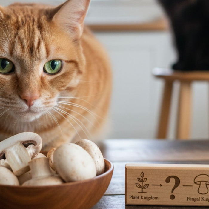 Orange tabby watches bowl of mushrooms beside plant vs fungal sign 