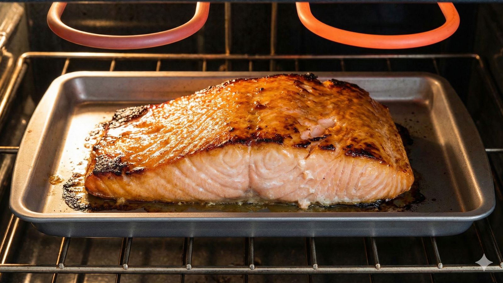 Baked salmon fillet roasting on tray inside oven with heating coils