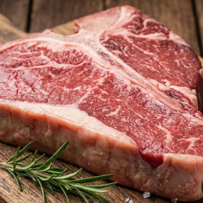 Raw T-bone steak on wooden board with rosemary and sea salt