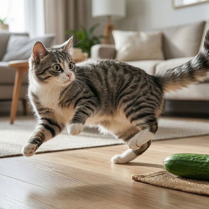 Tabby cat stepping away from cucumber on living room floor mat indoors