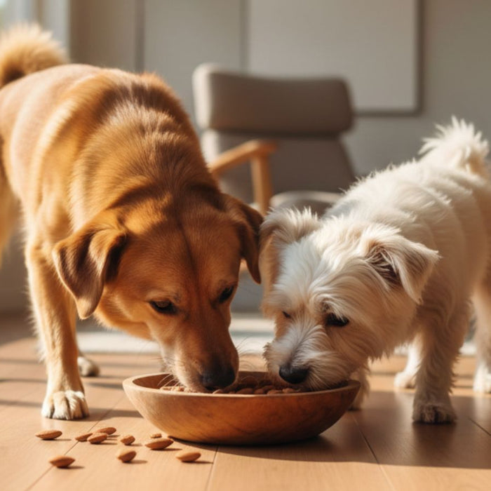 Two dogs eating almonds from bowl on wooden floor