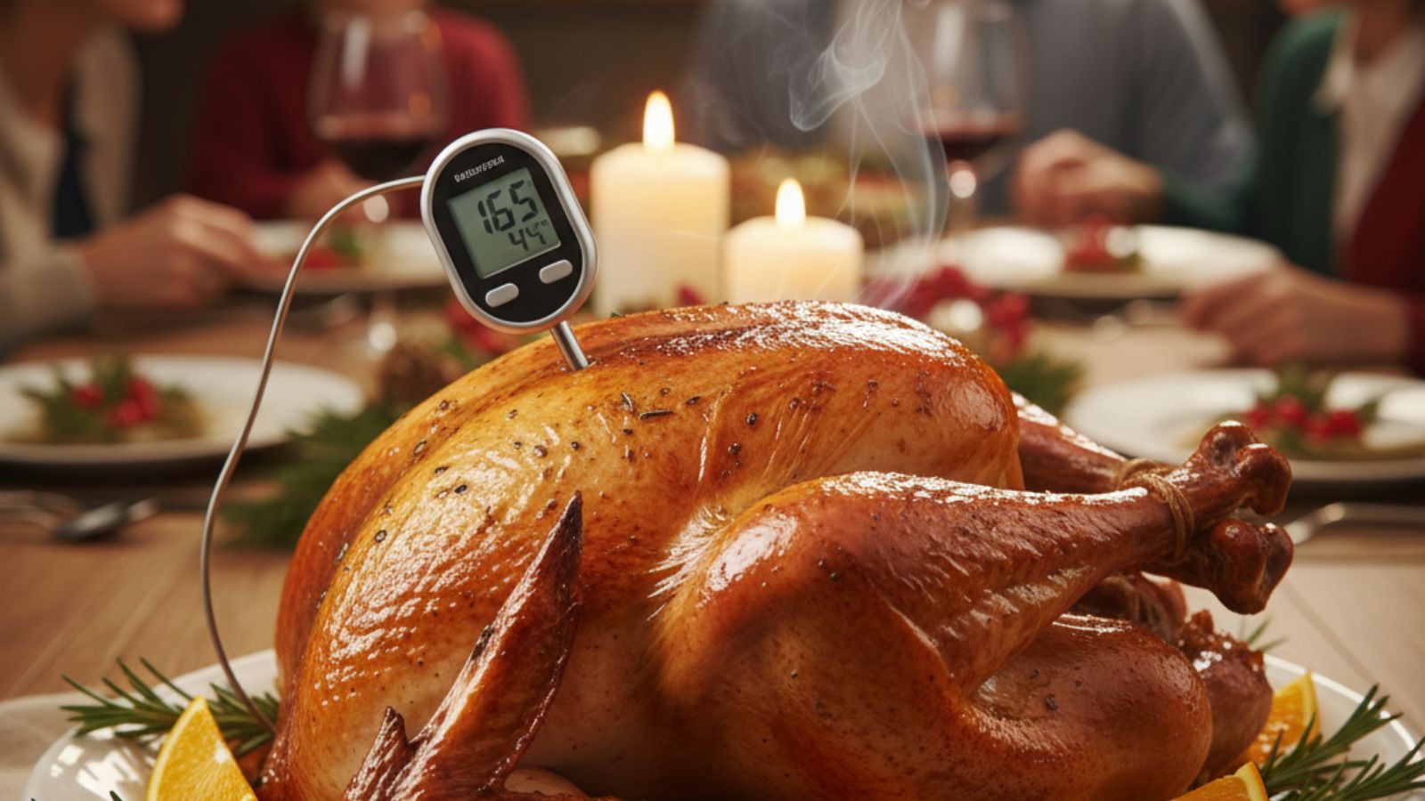 Roasted turkey with thermometer on festive dinner table