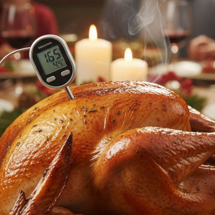 Roasted turkey with thermometer on festive dinner table