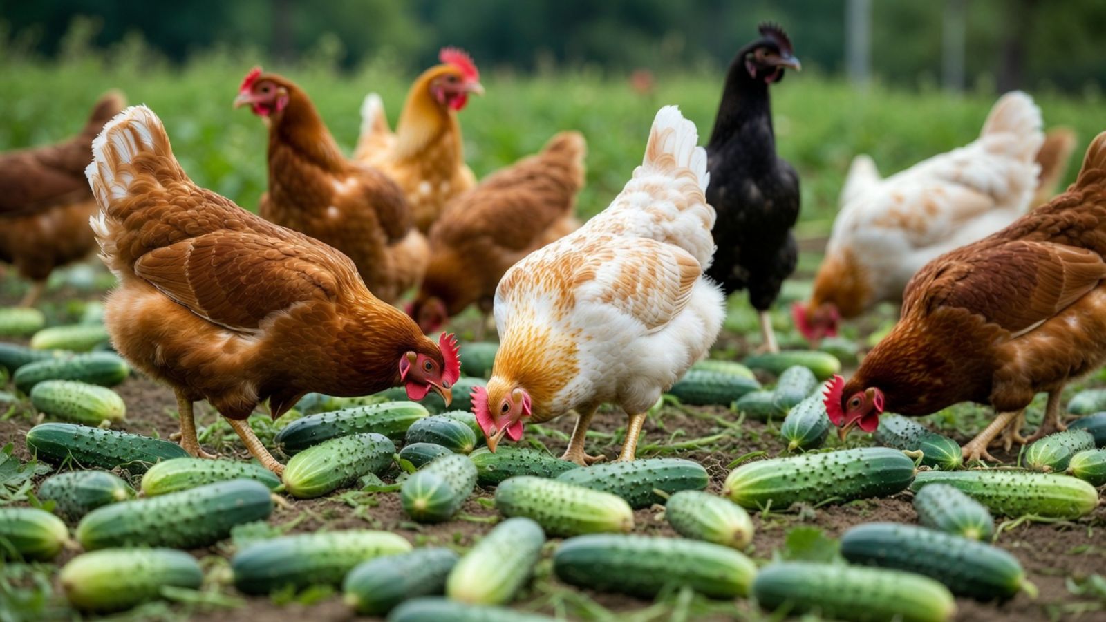 Chickens pecking among scattered cucumbers in a farm field outdoors