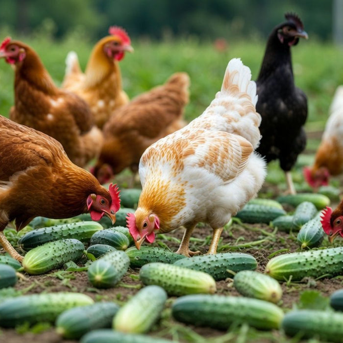 Chickens pecking among scattered cucumbers in a farm field outdoors