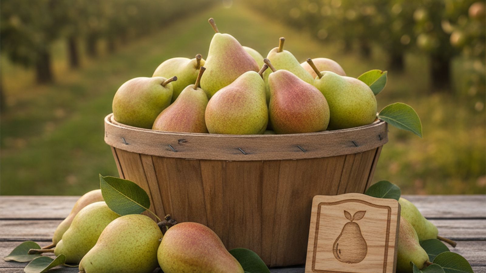 Basket filled with freshly harvested pears in orchard