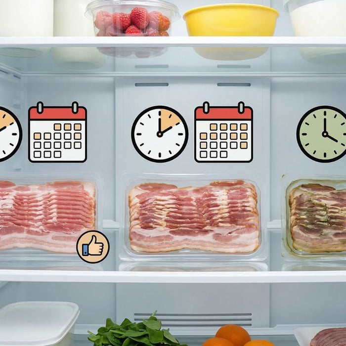 Bacon packages stored in refrigerator with dates