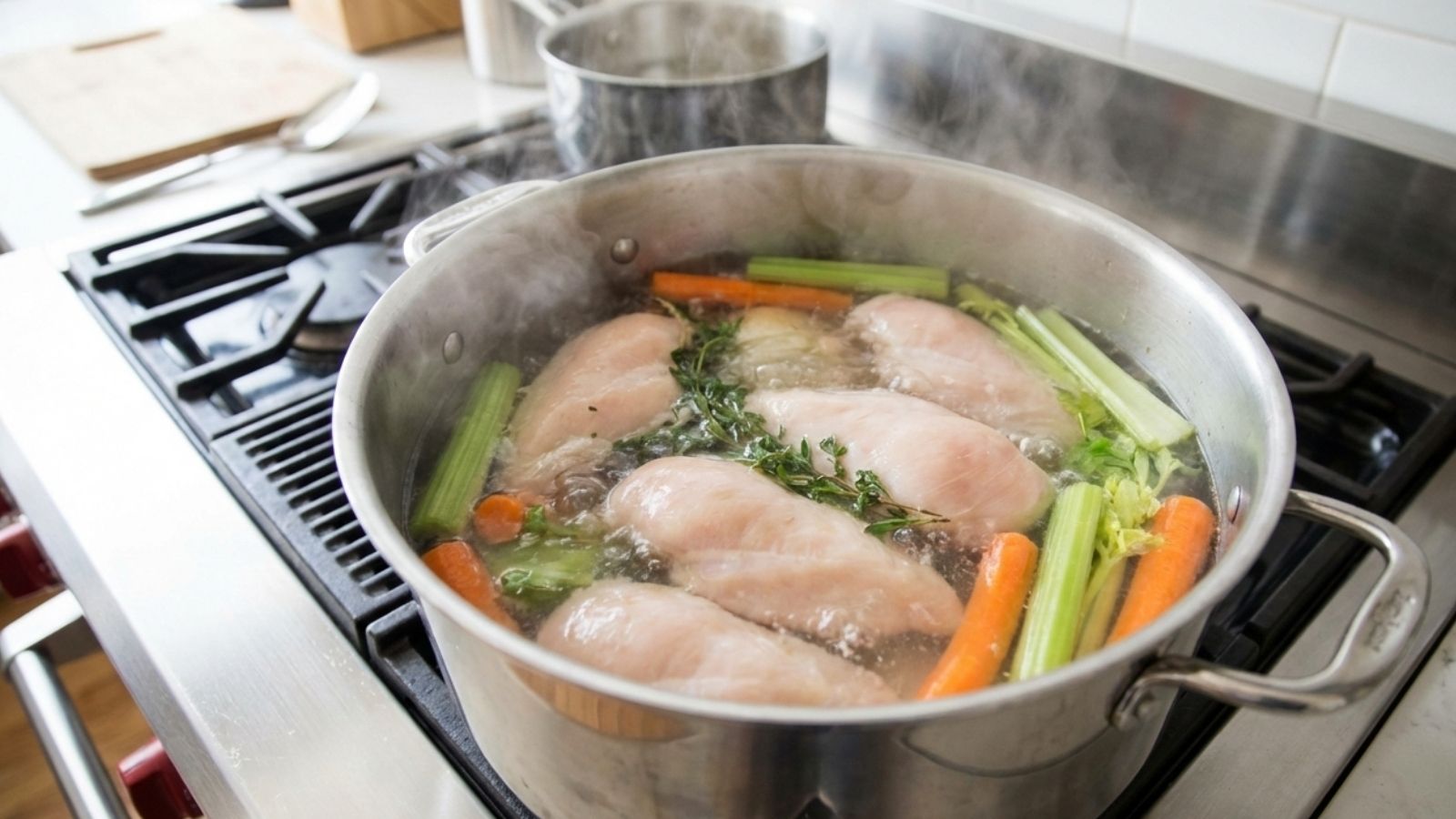 Chicken breasts simmering with vegetables in large pot on stove