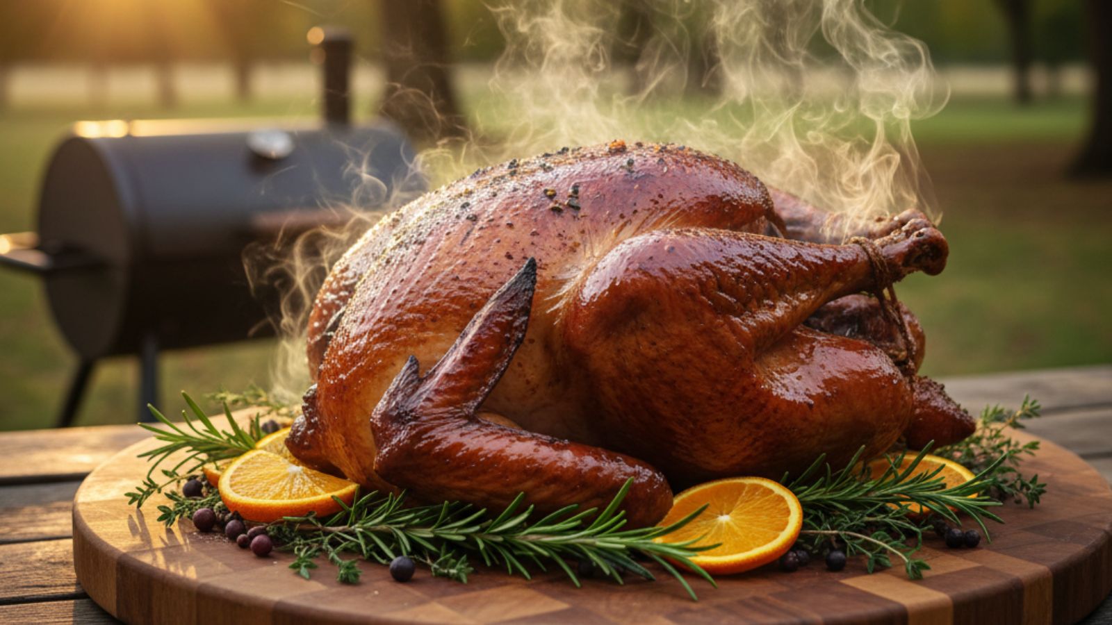 Smoked whole turkey resting on board with herbs and orange slices