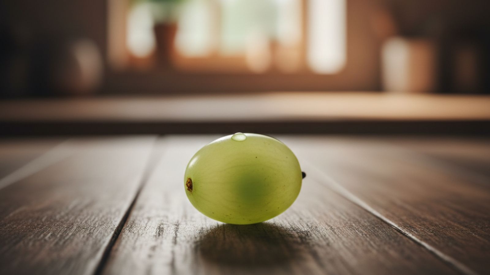 Single green grape resting on wooden surface close-up