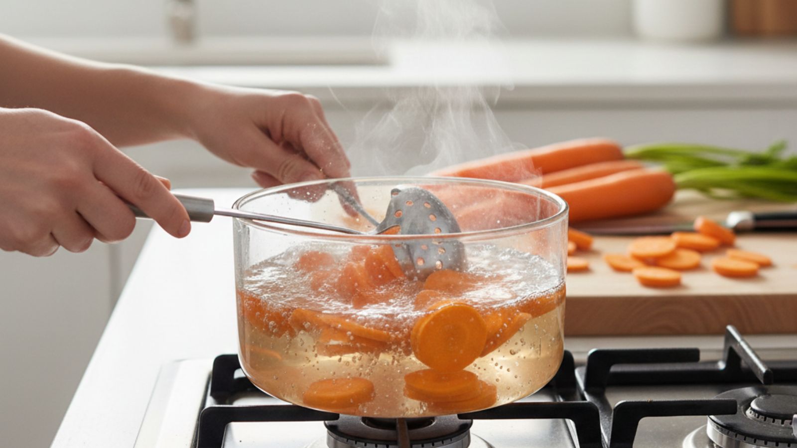 Carrot slices boiling in pot on stovetop during cooking