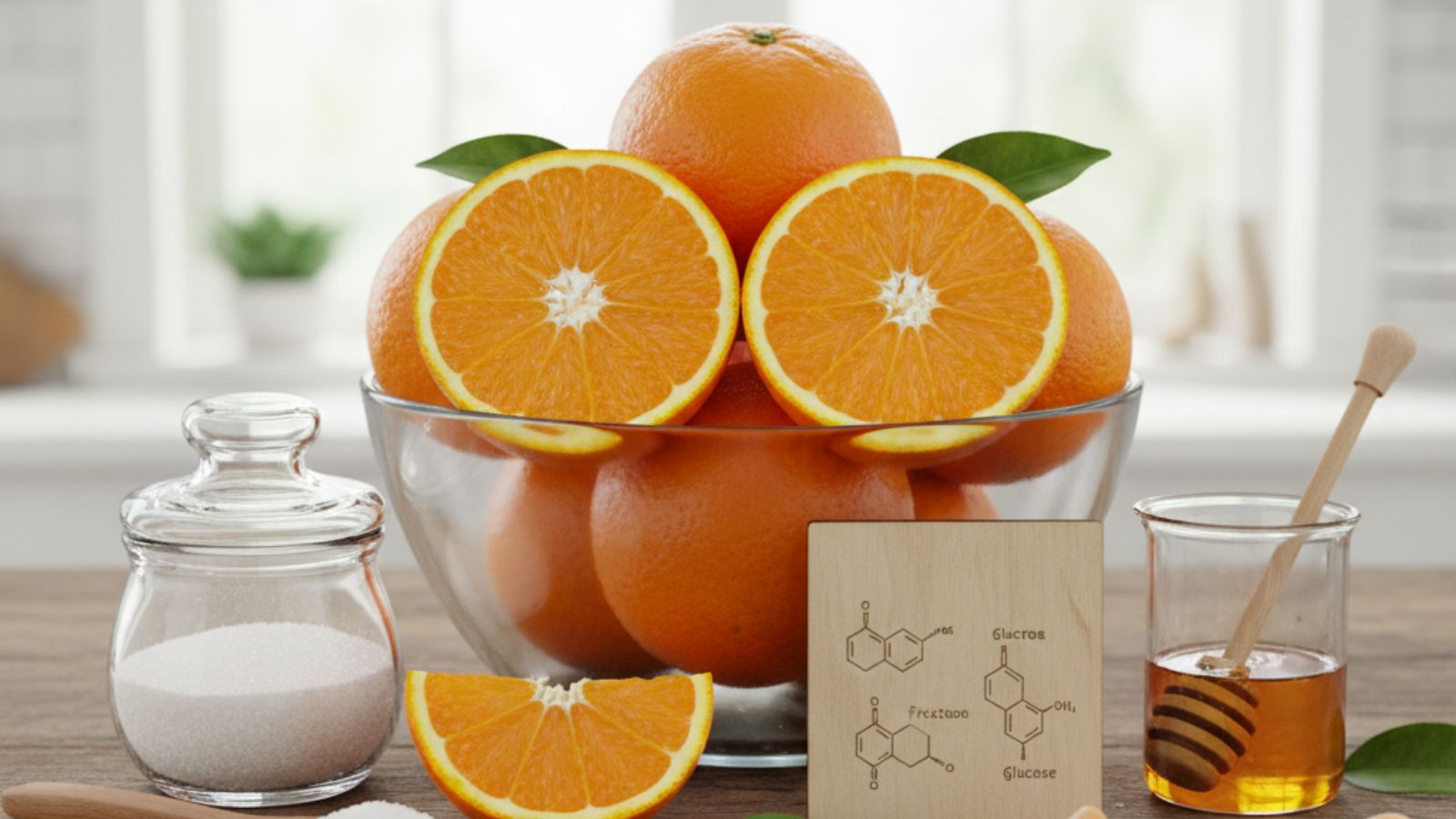 Bowl of whole oranges with sliced orange next to sugar and honey jars