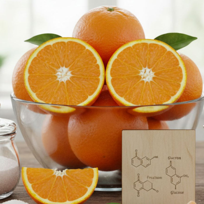 Bowl of whole oranges with sliced orange next to sugar and honey jars