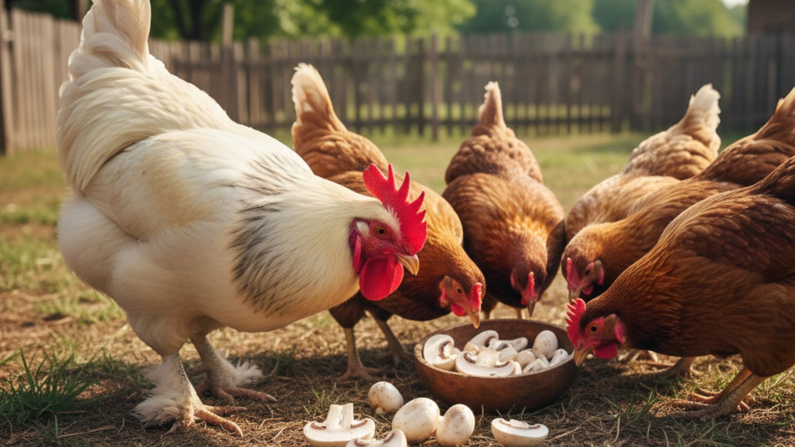 Rooster and hens peck mushrooms from a bowl in a sunny yard