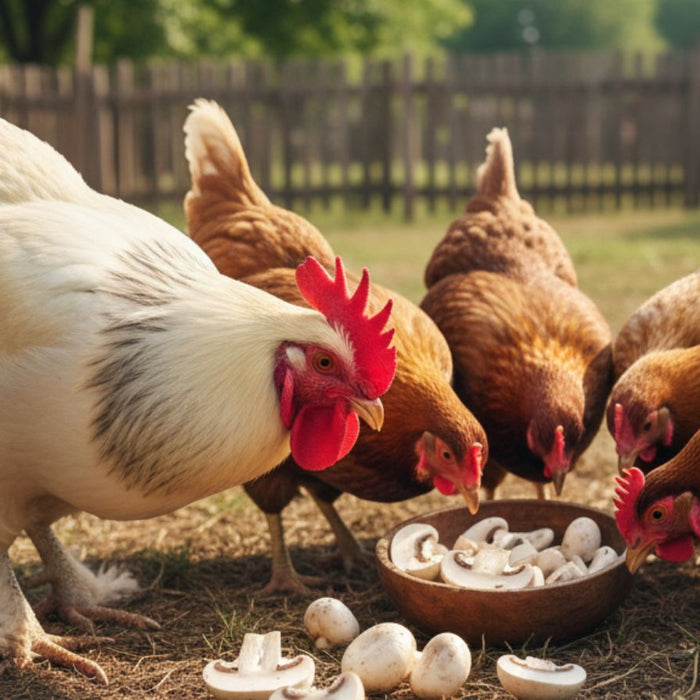 Rooster and hens peck mushrooms from a bowl in a sunny yard