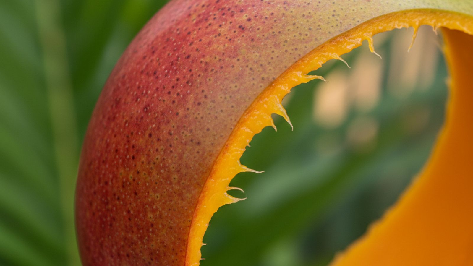 Close-up of mango peel with bite marks against green background