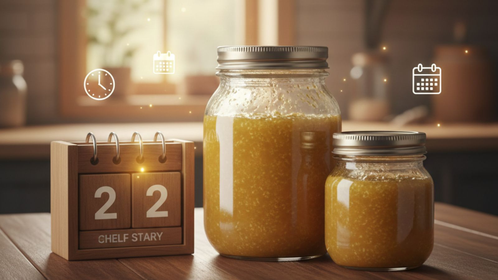 Ghee jars beside calendar showing storage timeline