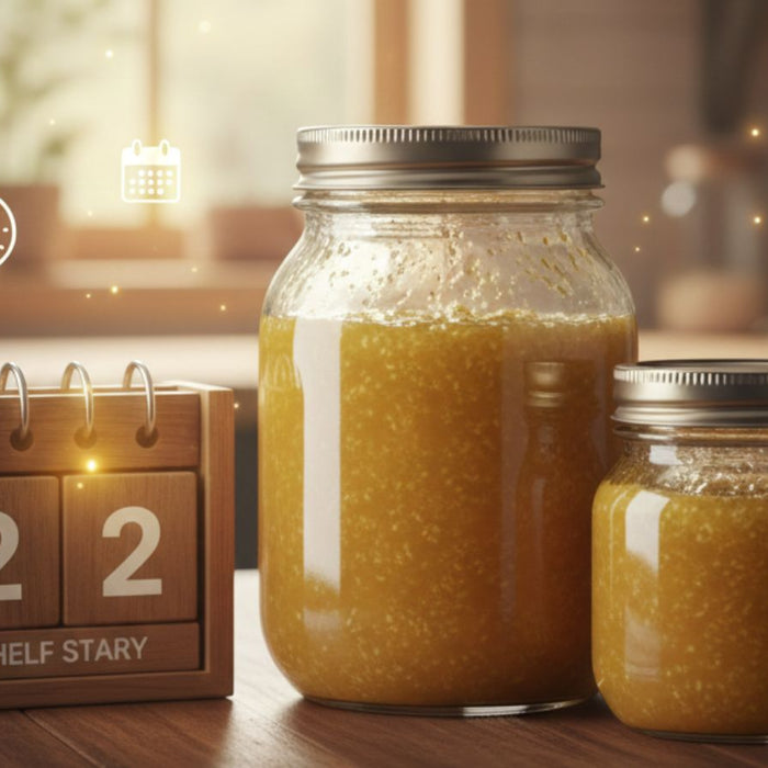 Ghee jars beside calendar showing storage timeline