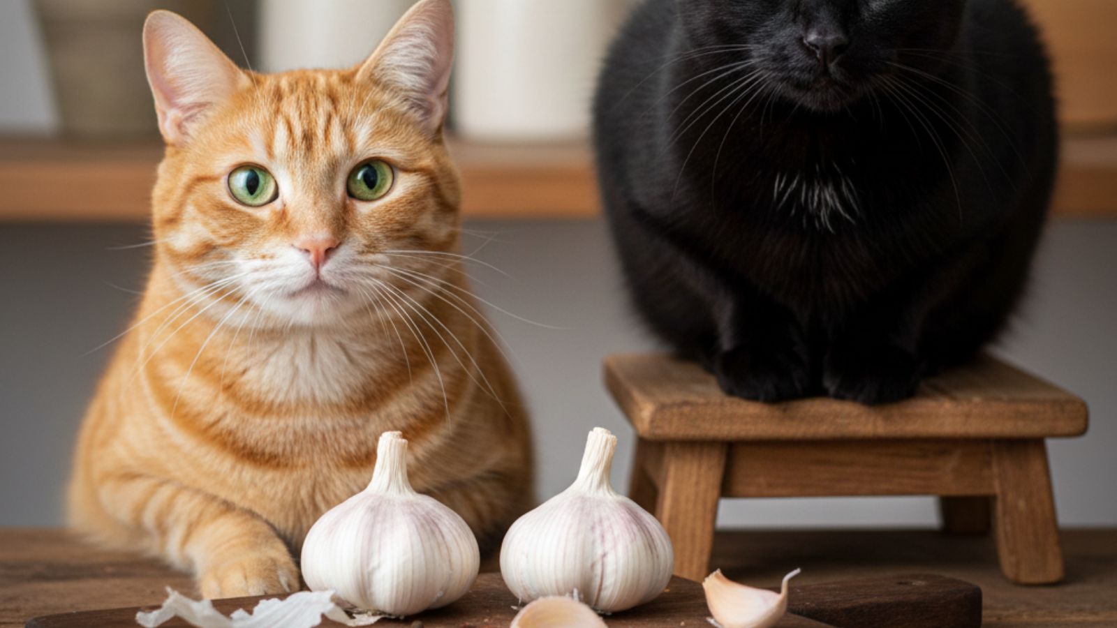Ginger and black cats sitting near garlic bulbs on wooden table