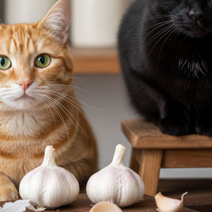 Ginger and black cats sitting near garlic bulbs on wooden table