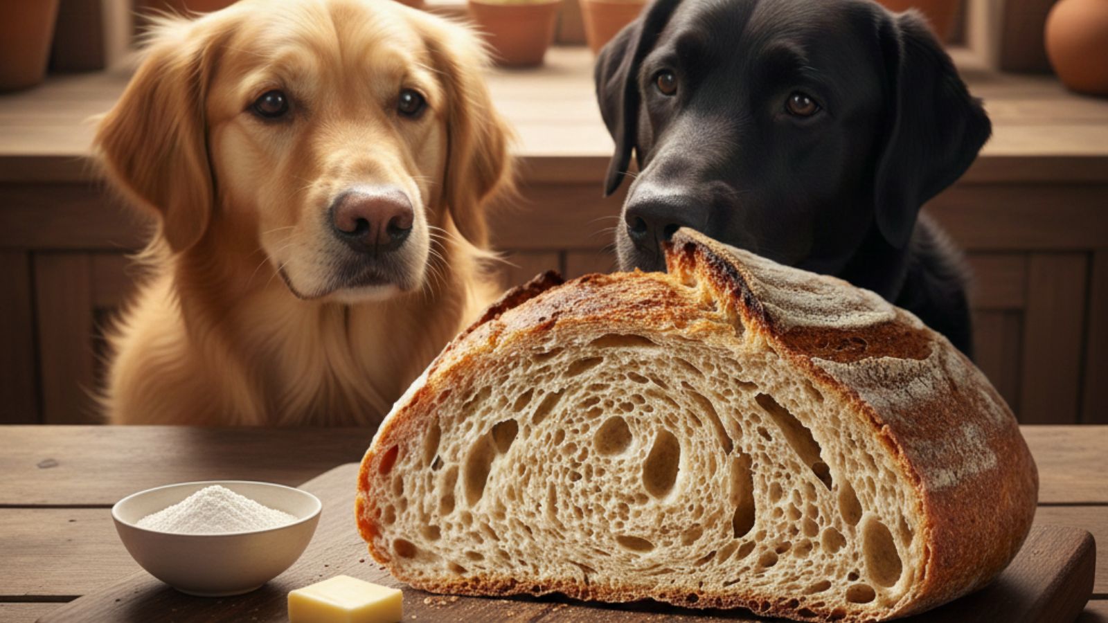 Dogs looking at golden sourdough loaf with airy crumb texture