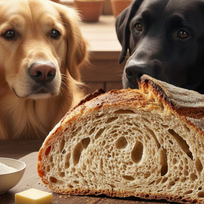 Dogs looking at golden sourdough loaf with airy crumb texture