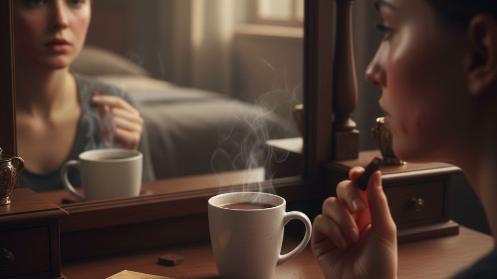 Woman drinking cocoa and touching acne while looking in mirror