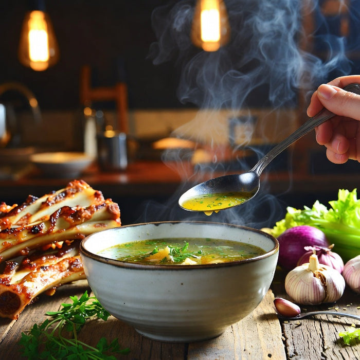 Spoon lifting hot bone broth from bowl with bones and vegetables.