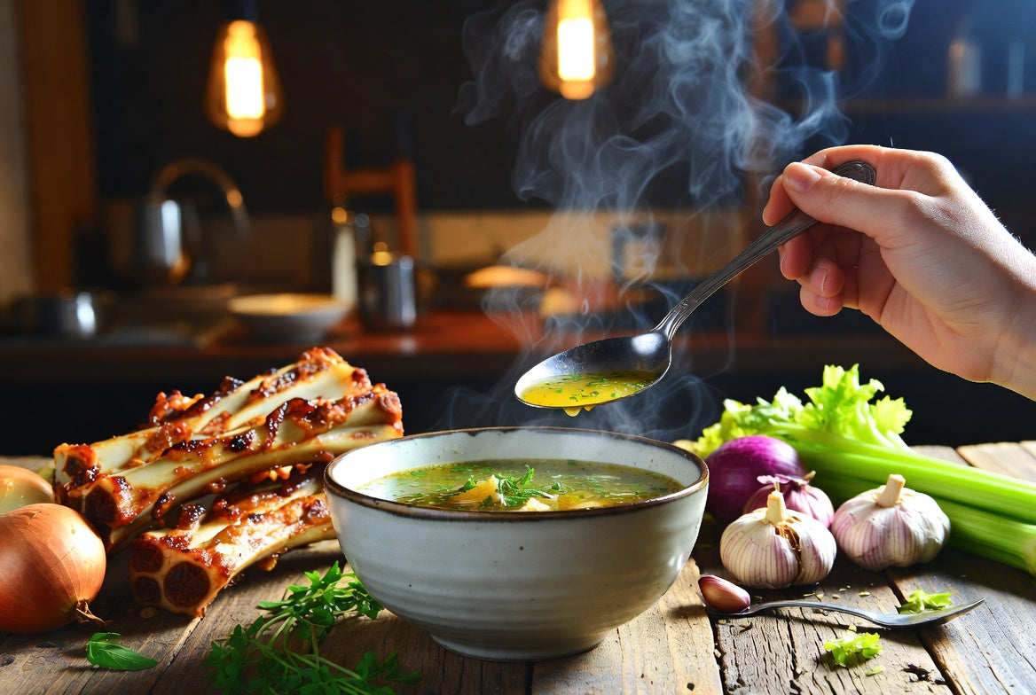 Spoon lifting hot bone broth from bowl with bones and vegetables.
