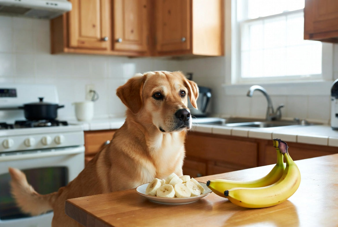 Dog by a plate of banana slices and whole bananas in the kitchen today