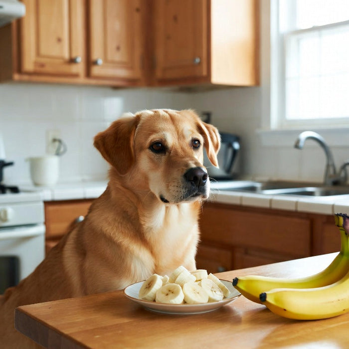 Dog by a plate of banana slices and whole bananas in the kitchen today