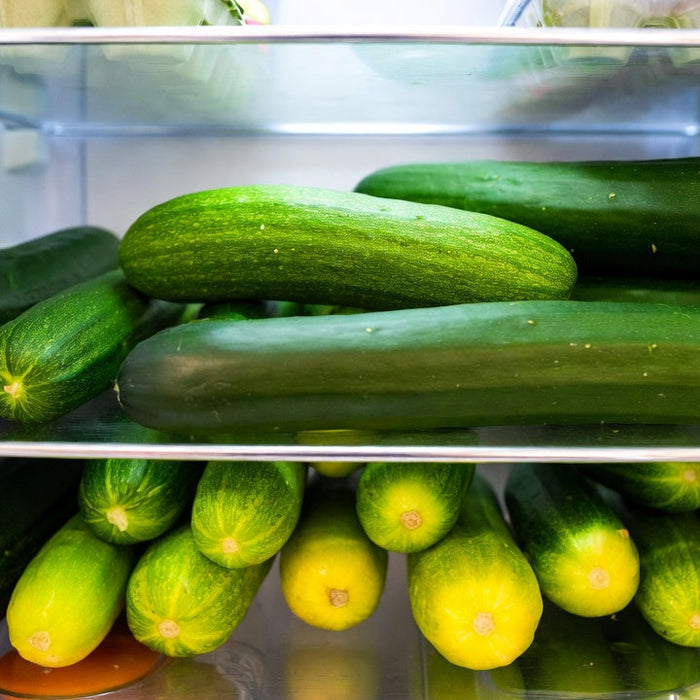 Many cucumbers packed on refrigerator shelves under cool white light.