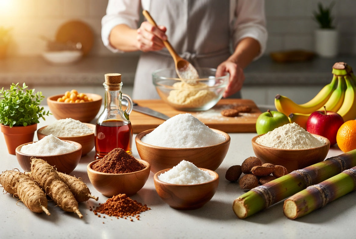 Assorted sugars and sugarcane displayed while a baker mixes the dough.