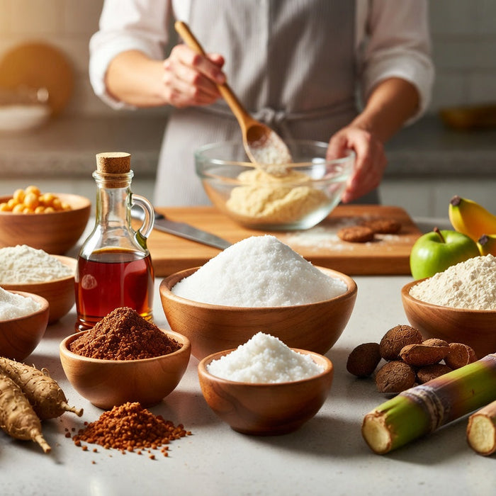 Assorted sugars and sugarcane displayed while a baker mixes the dough.