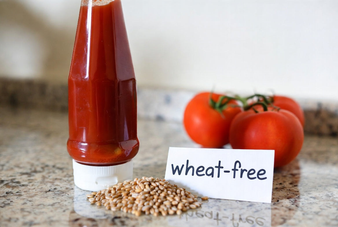 Ketchup bottle with wheat-free sign, wheat grains, and tomatoes
