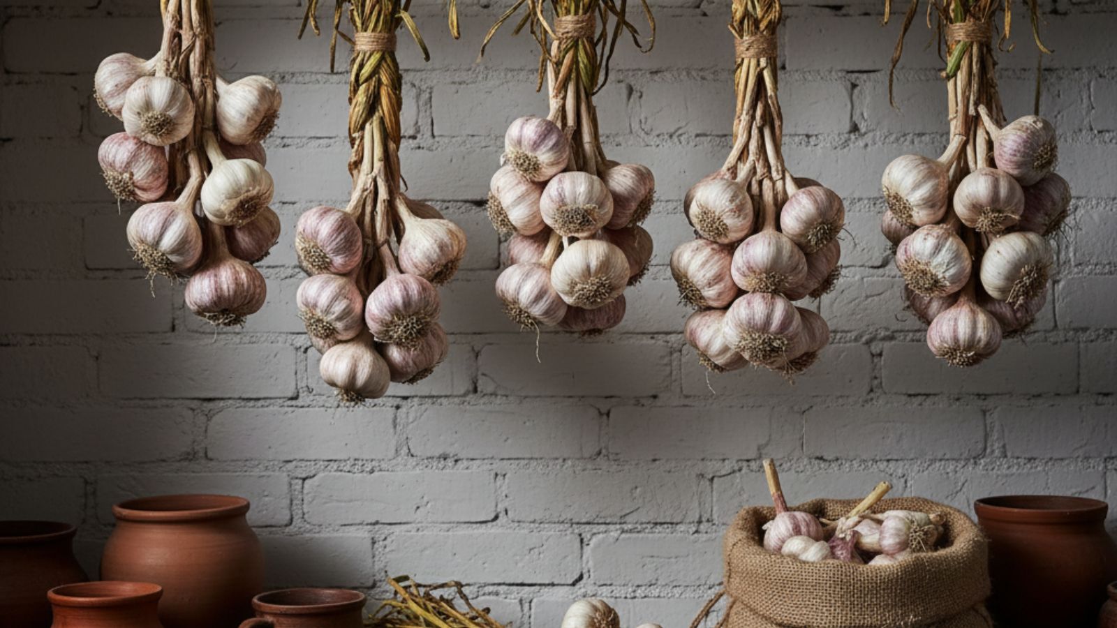 Braided garlic bulbs hanging to dry on rustic wooden beam indoors