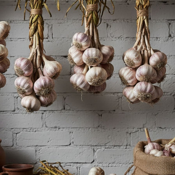 Braided garlic bulbs hanging to dry on rustic wooden beam indoors