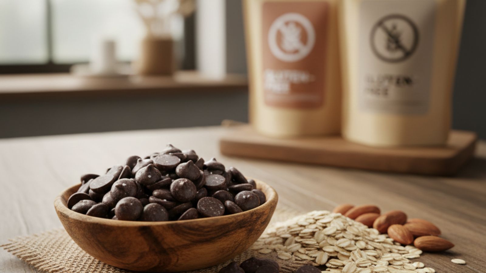 Gluten-free chocolate chips with oats and almonds on wooden table