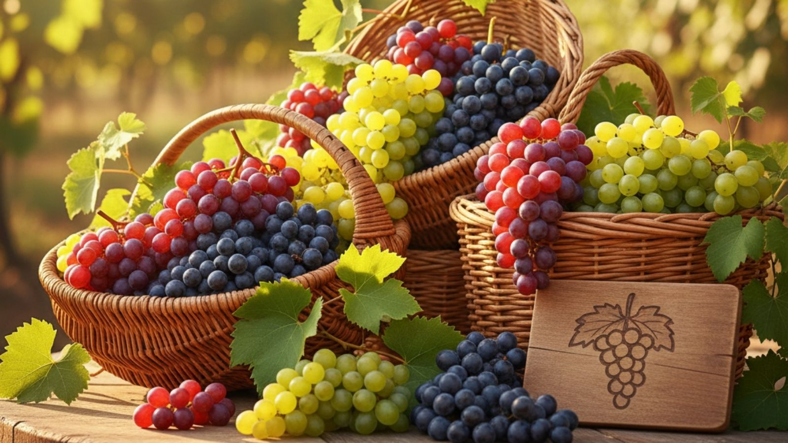 Baskets of colorful grapes arranged outdoors with leaves