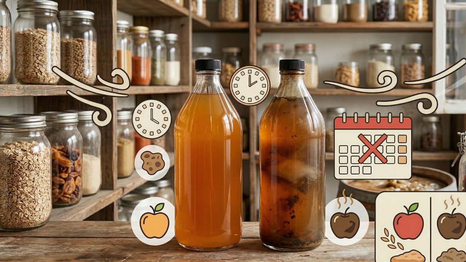 Fresh and spoiled apple cider vinegar bottles with storage icons guide