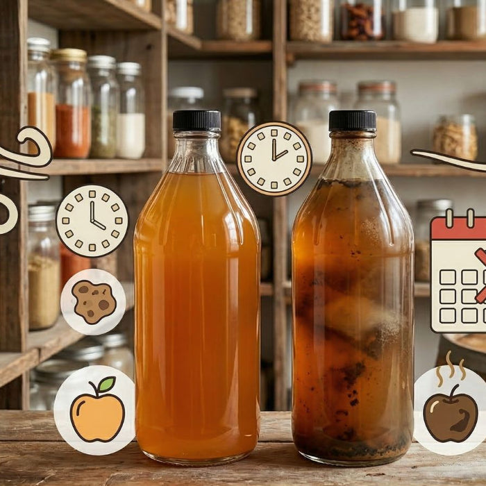 Fresh and spoiled apple cider vinegar bottles with storage icons guide