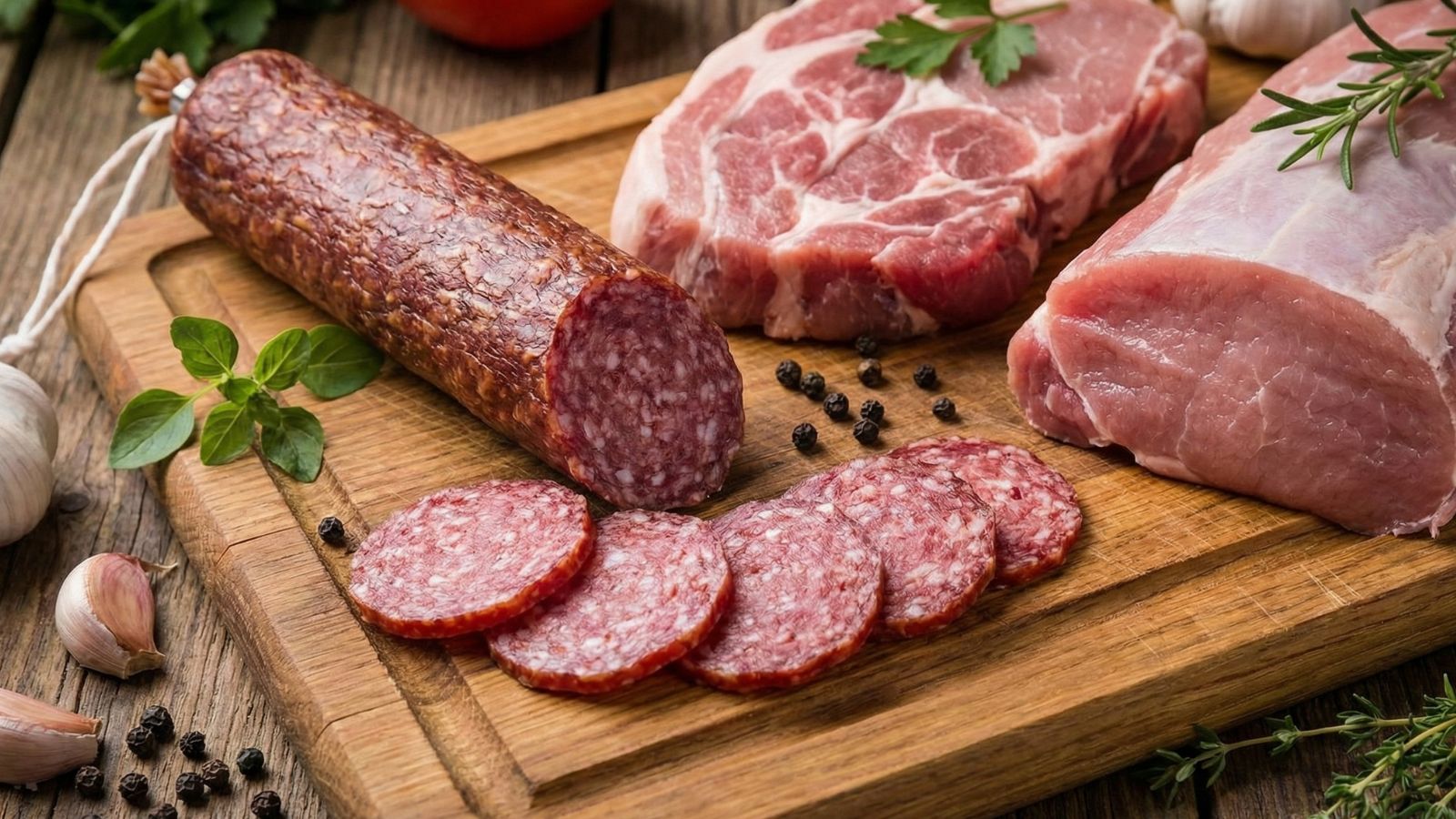 Assorted raw meats and sliced salami on wooden cutting board