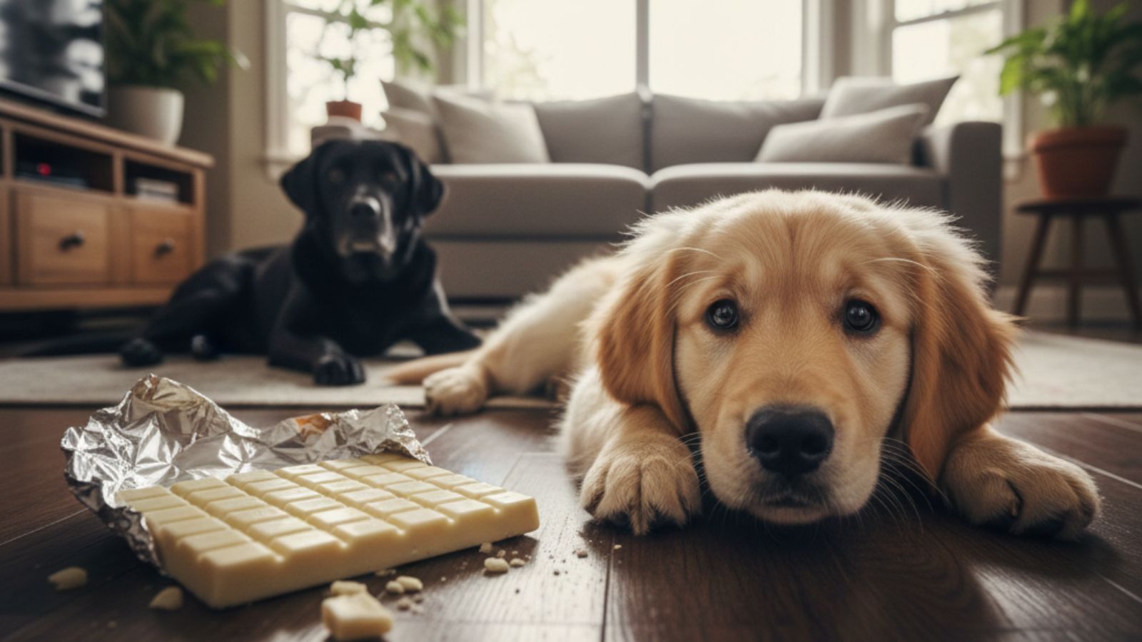 Golden puppy near white chocolate bar with black dog behind