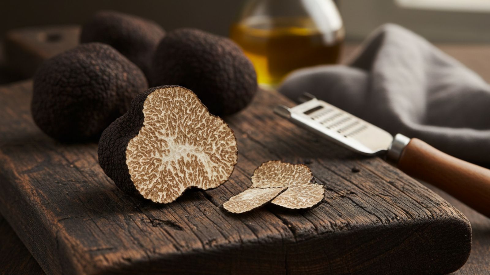 Black truffle halves and slices on rustic wooden board