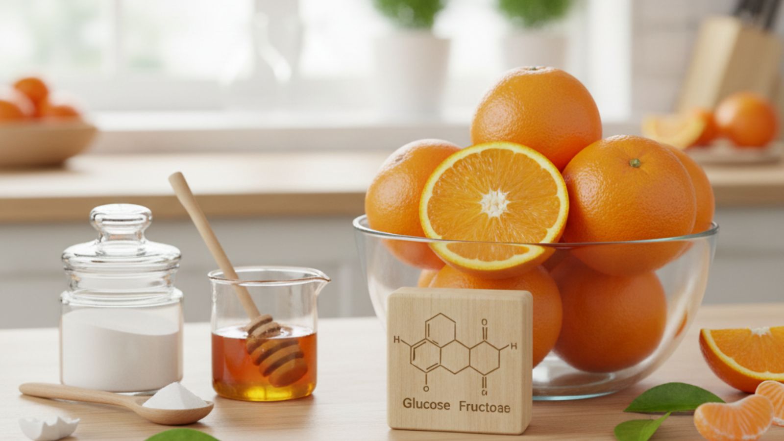 Glass bowl of sliced oranges beside sugar jar honey and chemistry block